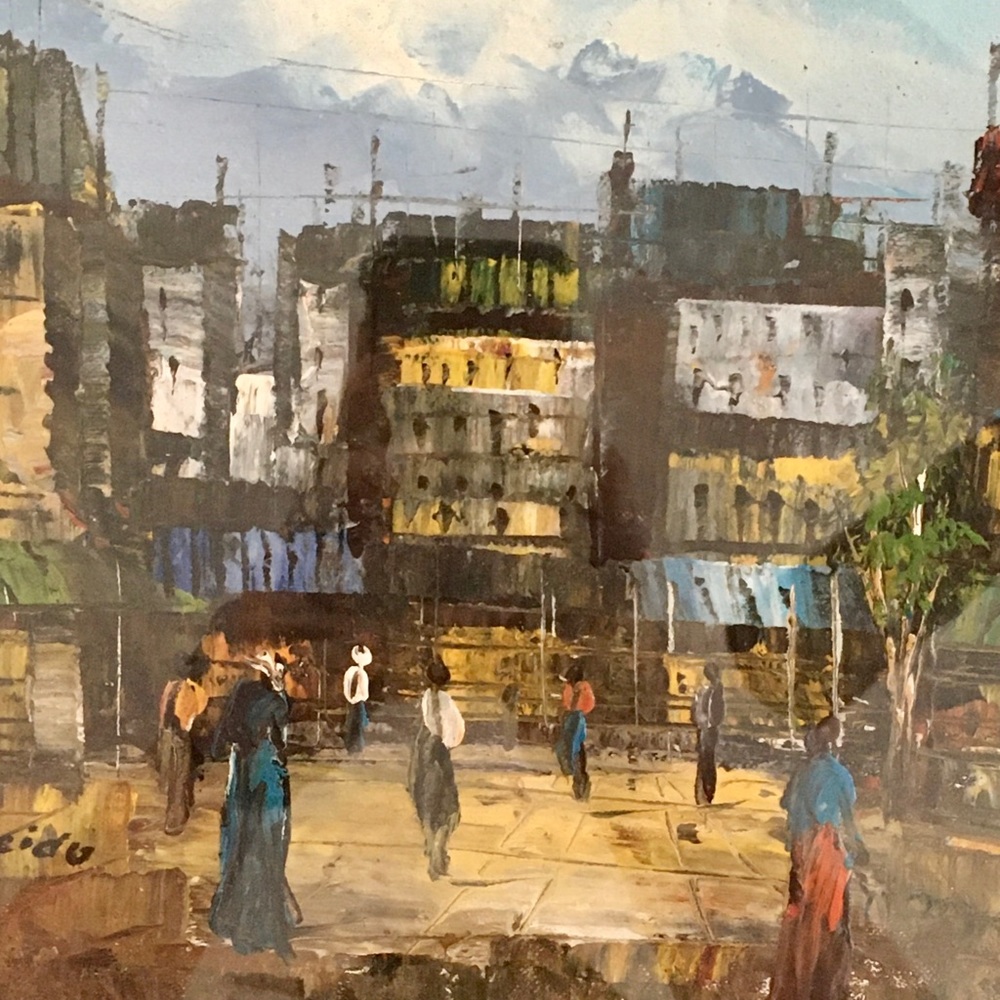 C. Socidu Oil Painting on board. Scene of an old European Market Square.
